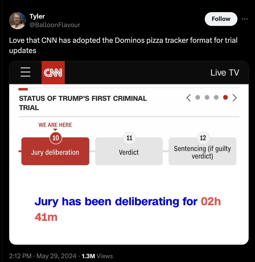 screenshot - Tyler Flavour Love that Cnn has adopted the Dominos pizza tracker format for trial updates Can Status Of Trump'S First Criminal Trial We Are Here Live Tv 10 11 12 Jury deliberation Verdict Sentencing if guilty verdict Jury has been deliberati